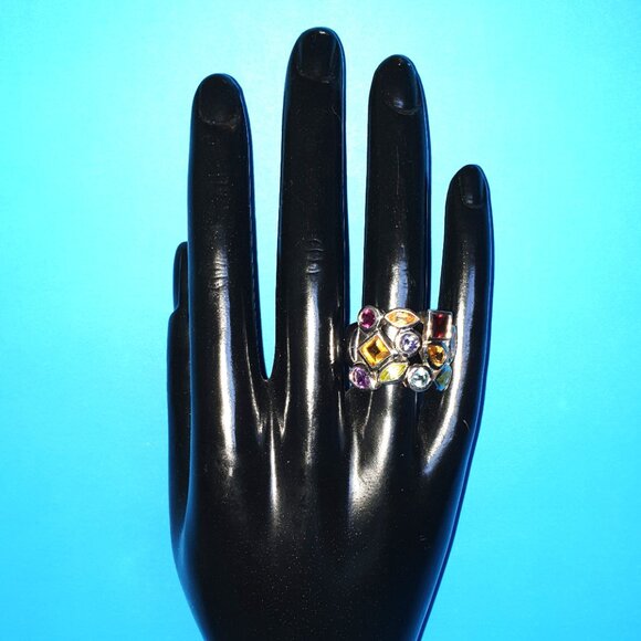 Vintage Mosaic Multi-Natural Gemstone Sterling Silver Statement Cocktail Ring - Picture 14 of 14